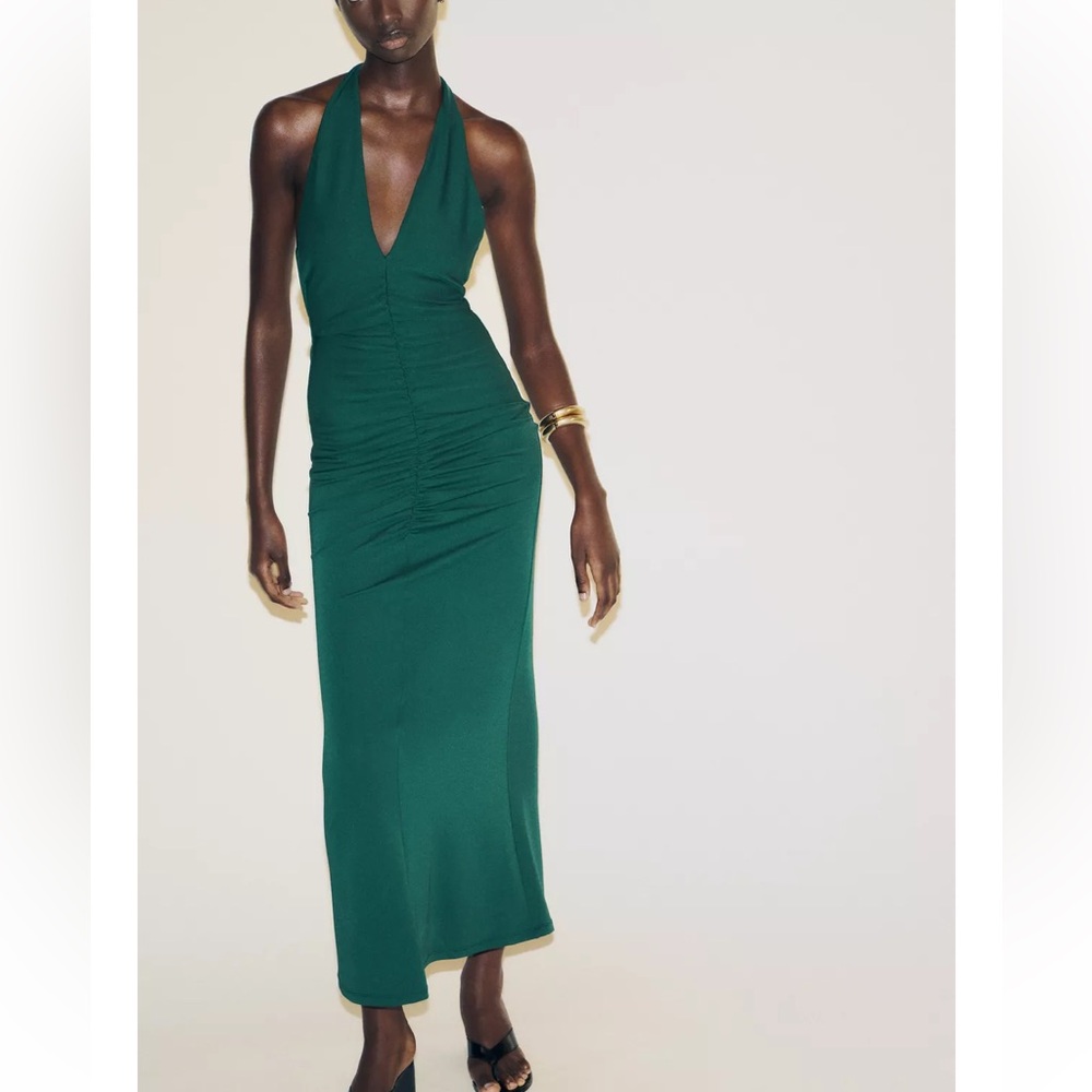 Zara NWT ruched midi halter dress green 5039/826